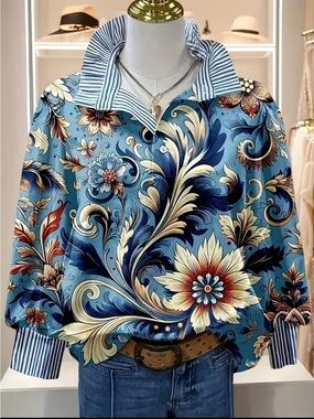 Blue Floral Baroque Print Blouse Medium